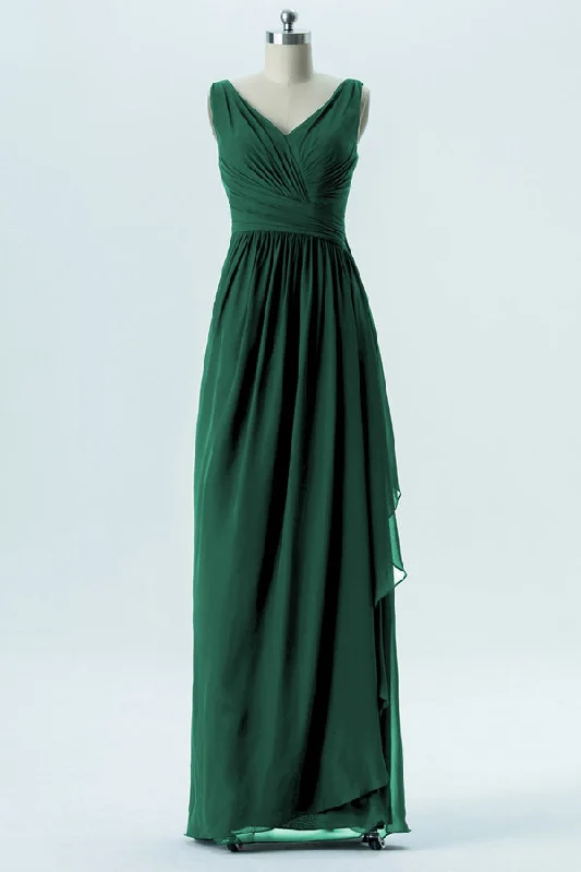 Summer Deals Casual Weekend Relaxed Style Hunter Green Chiffon Pleated Long Bridesmaid Dress