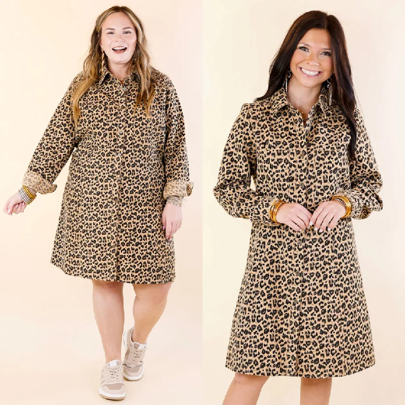 Get The Latest Trends Playful Elegance Manhattan Minute Leopard Print Button Up Dress with Long Sleeves