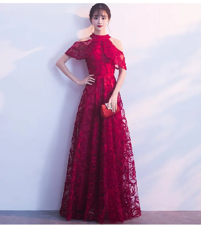 Fast Fashion Favorites Playful Elegance Lovely Halter Neckline Dark Red Lace Long Bridesmaid Dress, A-Line Wine Red Prom Dress     cg20572