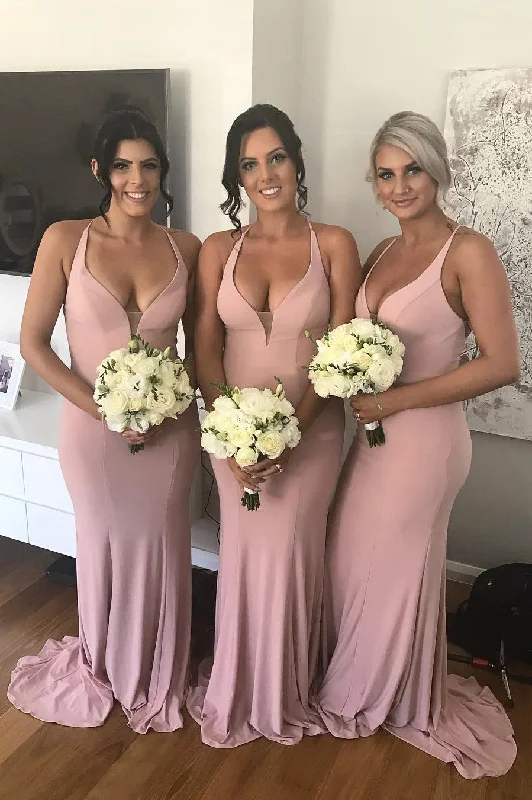 Crazy Price Slashing Minimalist Elegant Elegant V Neck Pink Mermaid Long Bridesmaid Dress