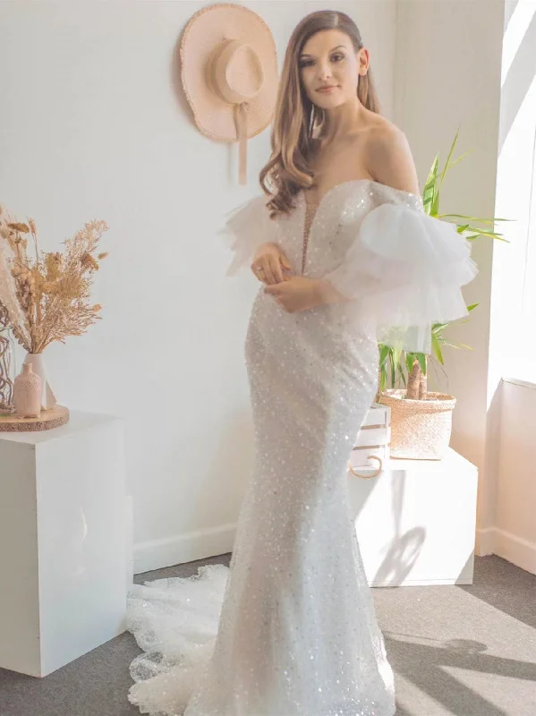 High-End Style Discounts Vintage Elegance Off Shoulder Long Mermaid Sequin Tulle Wedding Dresses, Bridal Gown, Long Wedding Dresses, Shiny Bridal Gown