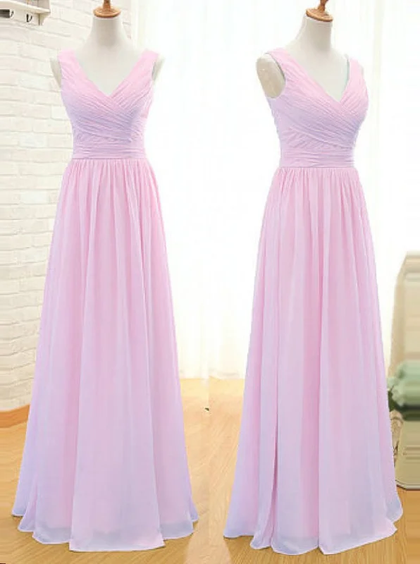 Trend Forward Threads Artful Design Simple A-Line V Neck Floor Length Pink Chiffon Bridesmaid Dress