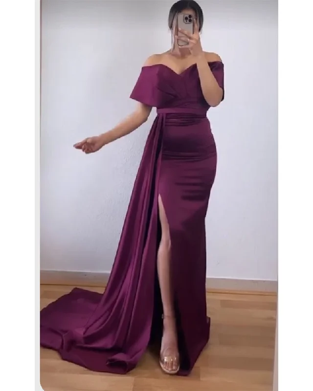 Fashion Deal Flowing Silhouette Plum Purple Fitted Long Evening Party Dress with Slit,Off the Shoulder Formal Wedding Bridesmaid Gowns with Train PL2819