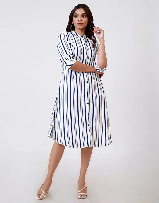 Fashion Forward Graceful Cut Striped Button Up Shirt Dress