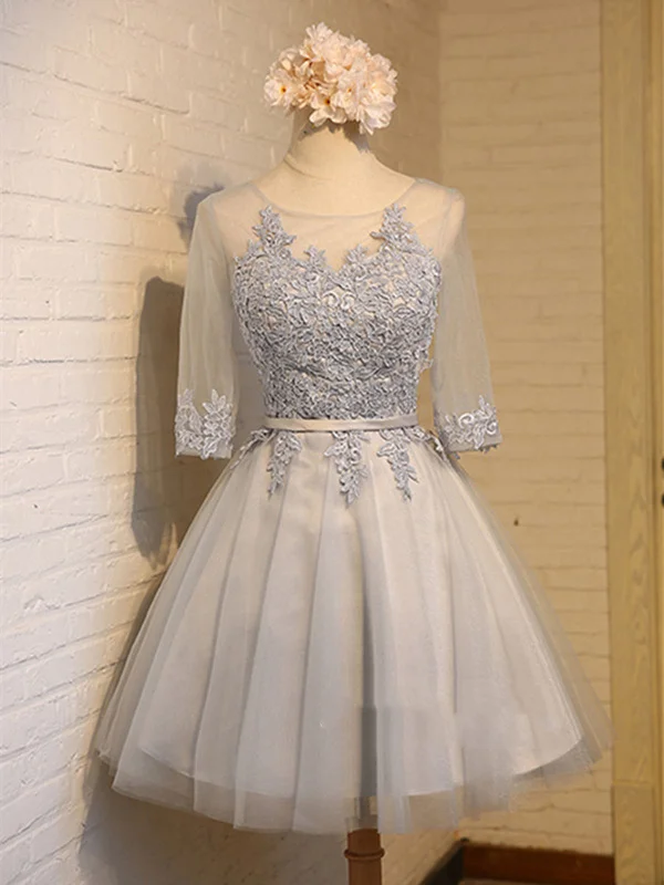 Trendy Styles Rustic Countryside Charm Look A Line Round Neck Short Gray/Pink Lace Prom Dresses, Graduation Dresses, Homecoming Dresses, Bridesmaid Dresses