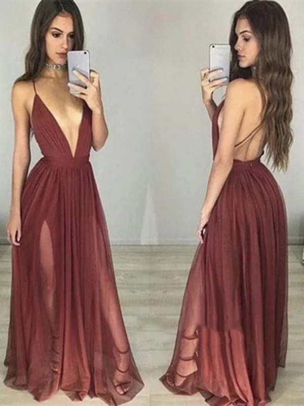 Mega Sale Chic Allure Sexy V Neck Backless Long Maroon/Burgundy Prom Dresses, Bridesmaid Dresses, Long Backless Evening Dresses