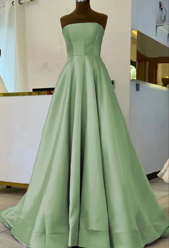 Trendy Looks On Sale Classic Charm Simple sage green satin bridesmaid dresses strapless floor length formal prom gown for bridal party   cg23114