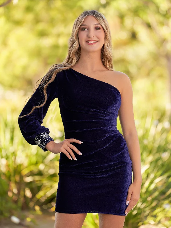 On-Trend Fashion Offers Minimalist Office - Ready Style Opal | Navy Blue Sheath One-Shoulder Long Sleeve Homecoming Dress