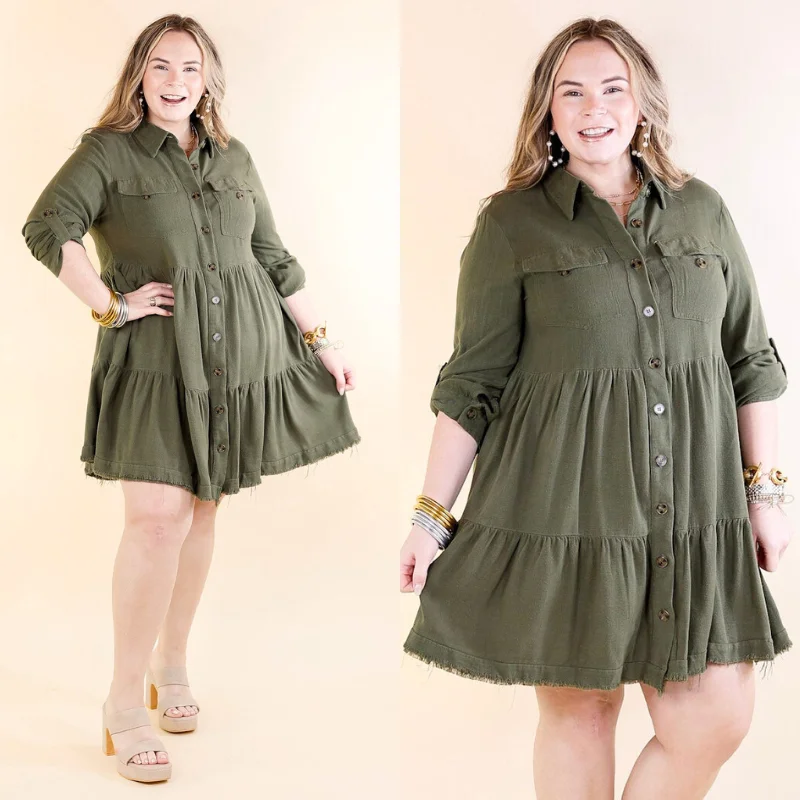 Unleash Your Style Dreamy Draping Chic Darling Ruffle Tiered Button Up Dress with Long Sleeves in Olive Green