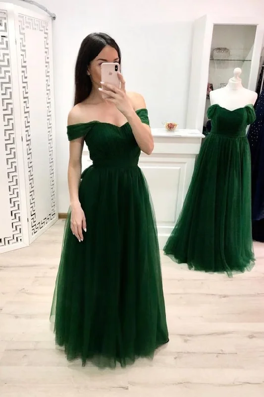 Exclusive Discounts Vintage Retro Party Wear Off the Shoulder Hunter Green Tulle Bridesmaid Dresses prom dress      cg19136