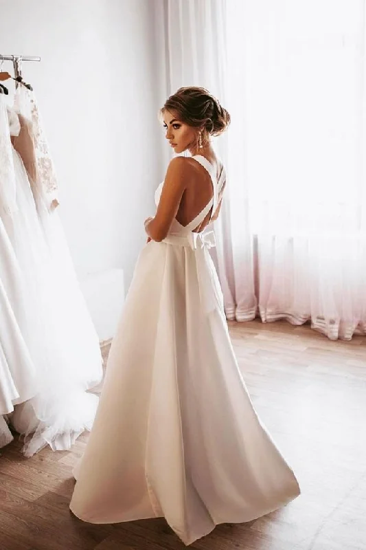 Hot Trends Everyday Glamour WHITE A-LINE SATIN LONG PROM DRESS BACKLESS BRIDESMAID DRESS   cg15573