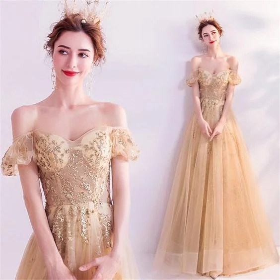 Crazy Discounts, Hurry Up Luxury Comfort Gold Formal Dress Sexy Off Shoulder Bridal Dress Glitter Prom Dress   cg21493