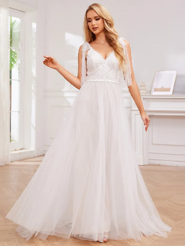 Contemporary Casual Deals Vintage Elegance Exquisite Deep V Neck Sleeveless Lace Tulle Empire Waist Wedding Dresses with Bowknot Bandage