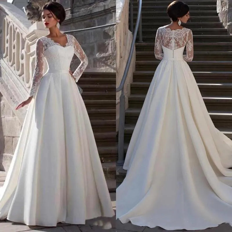 Chic And Trendy Disco - Inspired Retro Dance Look Modest Lace Appliqued A-line Satin Wedding Dress V Neck Sheer Back Long Sleeve For Women Princess Robe de Mariee Customize