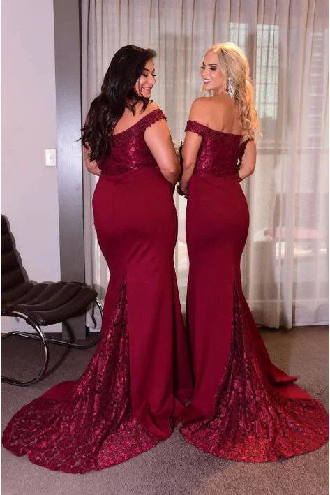 Browse Our Top Products Save on Classic Elegant Styles Elegant Mermaid Off Shoulder Burgundy Long Bridesmaid Dress