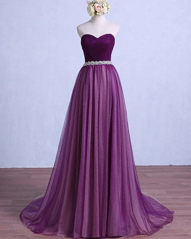 Limited Edition Hollywood Glam Award - Show Style Purple Tulle Sweetheart Long Wedding Party Dress With Belt, Purple Prom Dress Bridesmaid Dress   cg17332