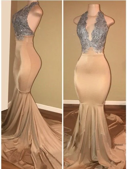 Absurdly Cheap Sale Flowy Fabric halter prom dresses 2020,Sleeveless Mermaid Lace Prom Dress  cg8177