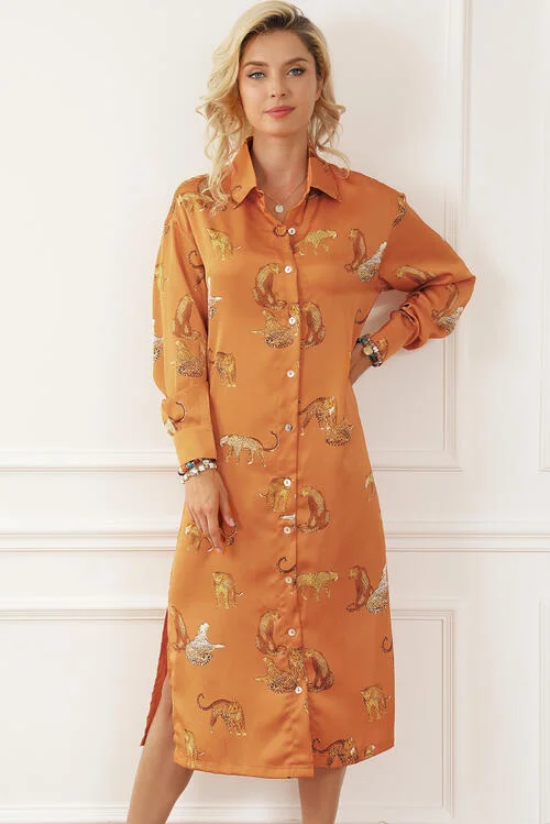 Save Big Elegant Details Animal Pattern Long Sleeve Slit Shirt Dress