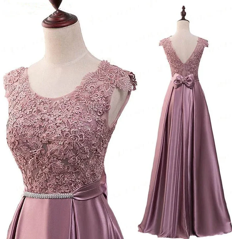 Summer Deals Rustic Countryside Charm Look Pink Satin With Lace Applique Long Bridesmaid Dress, Pink A-Line Simple Prom Dress   cg17770