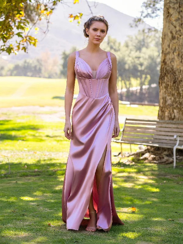 Casual Yet Chic Sales Vintage Elegance Roycebridal Sheath Pink V-neck Satin Floor Length Prom Dress