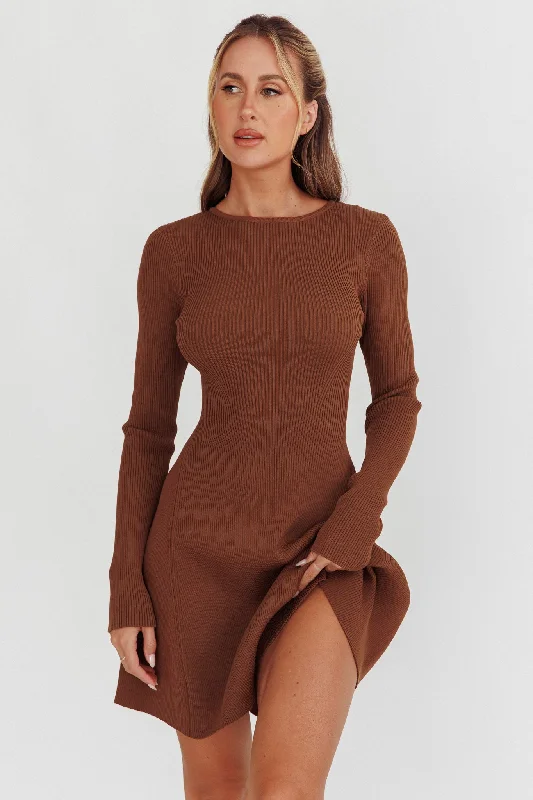 Flash Sale Fever Vibrant Prints Intuitions Long Sleeve Ribbed Knit Dress Chocolate