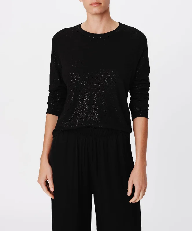 Timeless Elegance Redefined Casual Weekend Relaxed Style Slub Jersey with Foil Long Sleeve Crop Tee - Black-Black