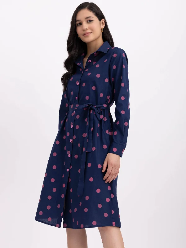 Budget-Friendly Fashion Minimalist Elegant Cotton Polka Shirt Dress - Navy Blue And Pink