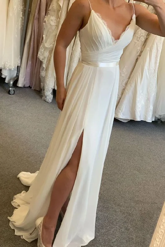 Unleash Your Fashion Effortless Sophistication simple ivory chiffon long bridal prom gown with side slit and wrap front  cg4216