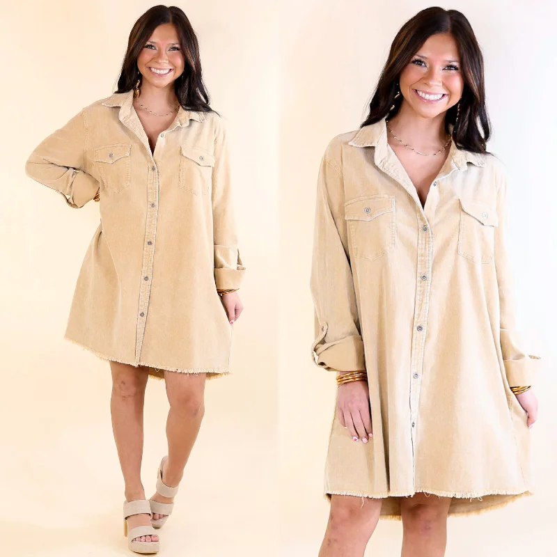 Stay Ahead In Style Feminine Grace Patio Date Button Up Long Sleeve Corduroy Dress in Tan