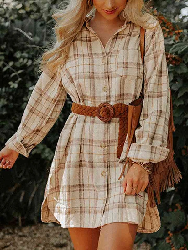 Luxury Casual Deals Graceful Movement Plaid Collared Neck Long Sleeve Shirt Dress