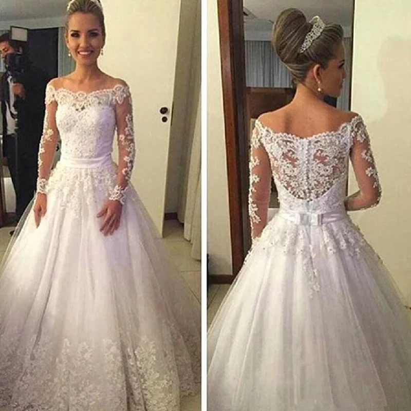 Polished Style Deals Rustic Countryside Charm Look Cheap Vantage Off Shoulder Long Sleeve White Lace Tulle Wedding Party Dresses, WD0015