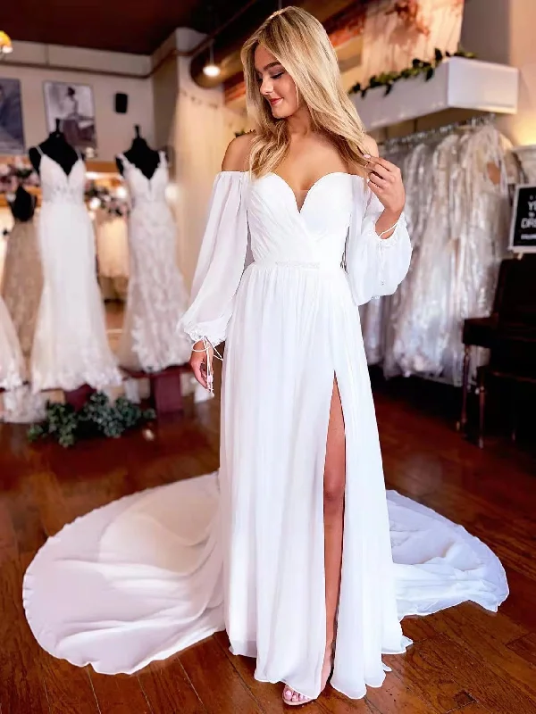 Bold Fashion Sales Feminine Grace Off Shoulder Ivory Chiffon Simple Wedding Dresses, Long Prom Dresses, Boho Wedding Dresses, 2022 Prom Dresses