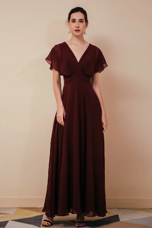 Hot Deals Feminine Soft - Hued Look Burgundy Chiffon Empire Long Bridesmaid Dress