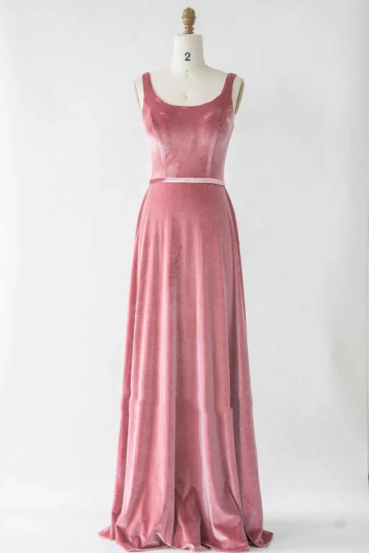 New Arrivals Coastal Beach - Inspired Style Simple Boat Neck Velvet Long Bridesmaid Dress