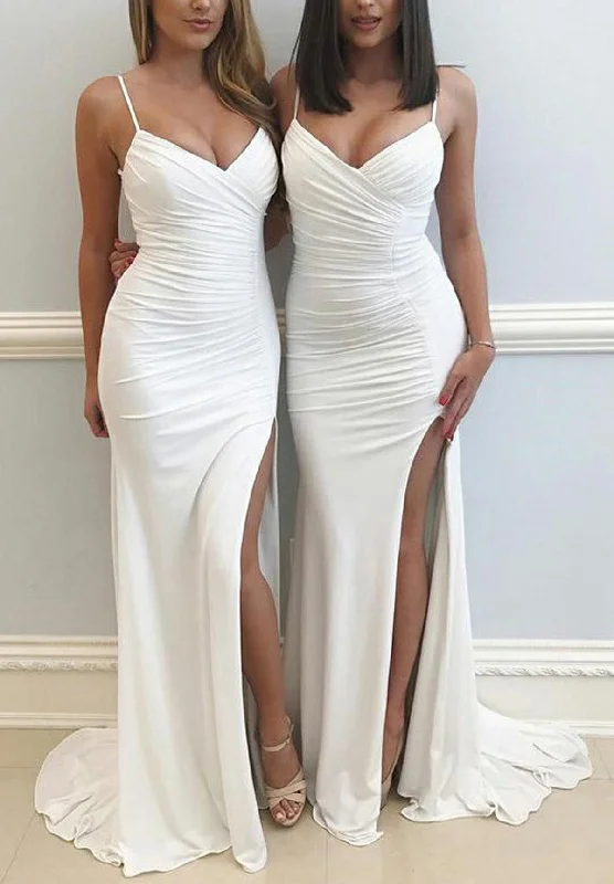 Stylish Statements Y2K Nostalgic Fashion Look Women White Bridesmaid Dress Long Side Slit Prom Gowns Spaghetti Straps Wedding Party Dress YBD004