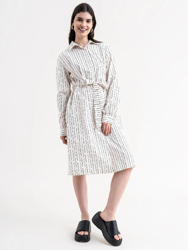 Trendy Styles Feminine Elegant Linen Striped Shirt Dress - White