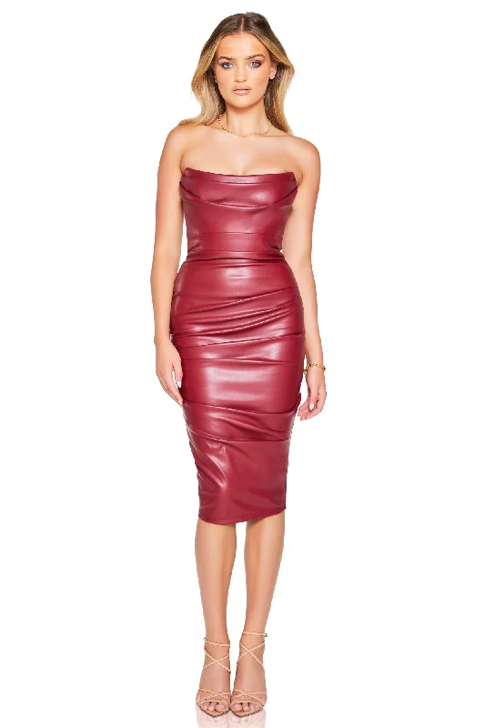 Casual Chic Dreamy Draping Nookie Leona Strapless Midi Dress - Wine