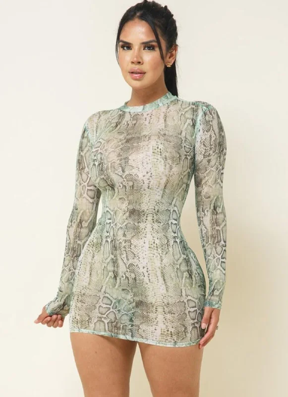 Casual Chic Deals Feminine Elegance Snakeskin Print Mesh Long Sleeve Dress