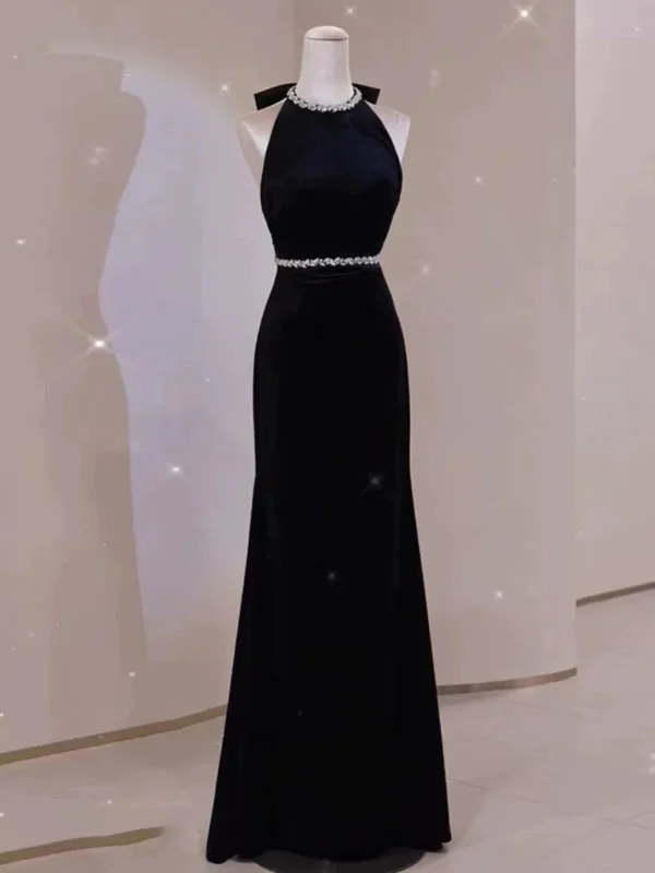 Chic Trend Collection Romantic Date - Night Ensemble Elegant Sheath Sleeveless Black Velvet Backless Long Prom Dresses C1658