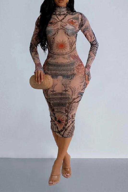 Comfortable Chic Romantic Detailing Tribal Print Smart Mock Neck Bodycon Midi Dress