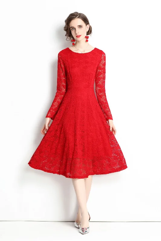 You'Ll Love Us Because Graceful Cut Red Evening Lace A-line Boatneck Long Sleeve Midi Classic Dress