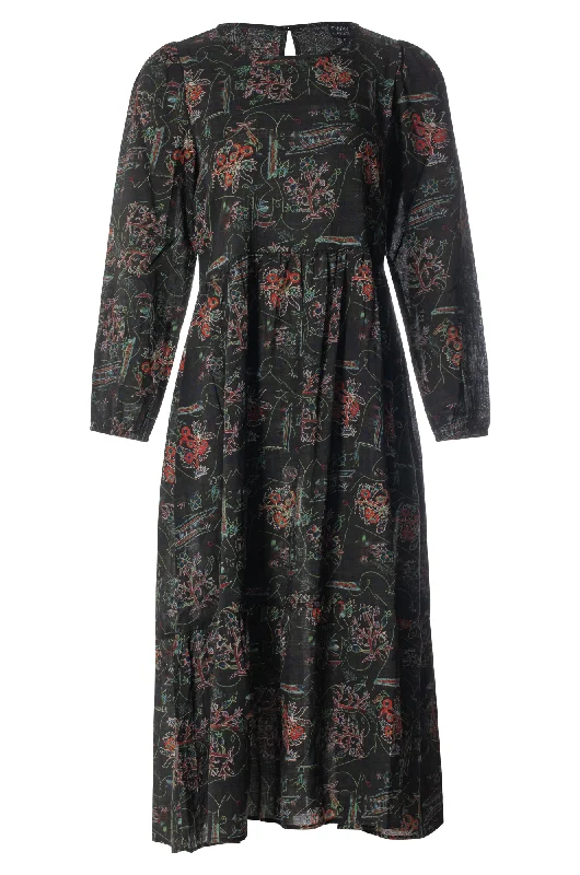 Season Sale Feminine Grace Viscose/Cotton long sleeve Dress | Black Botanical | 6535ZZ