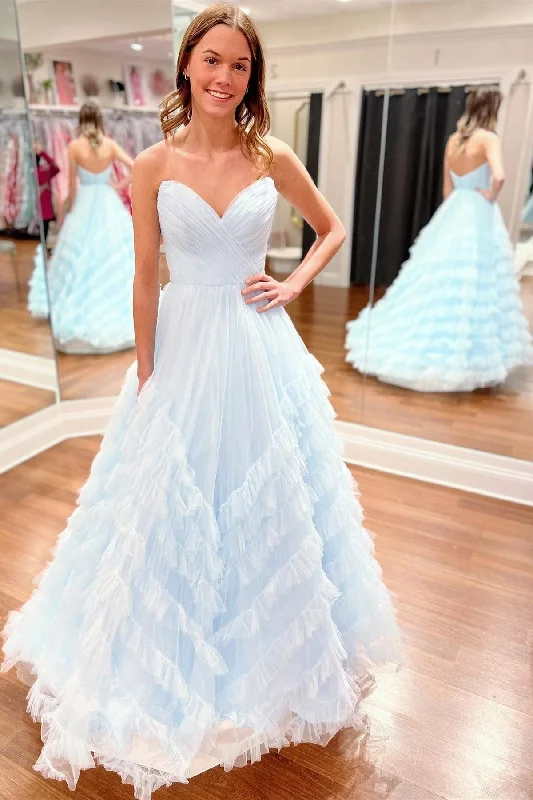 Shop Sale Items Feminine Soft - Hued Look Roycebridal Light Blue Strapless Ruffle Long Prom Dress