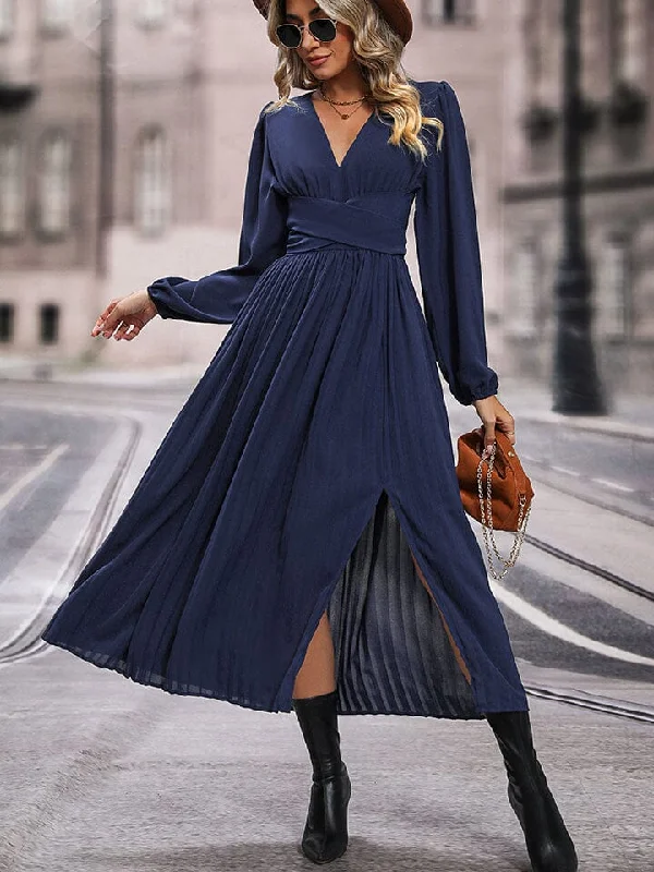 Glamorous Fashion Offers Limited - Stock V-Neck Long Sleeve Pleated Slit Dress