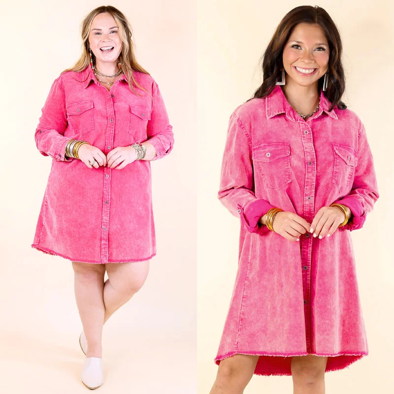 Dive Into Trendy Styles Sophisticated Cut Patio Date Button Up Long Sleeve Corduroy Dress in Pink