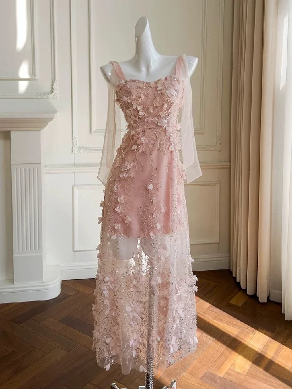 Embrace New Fashion Effortless Comfort Cute A Line Straps Sleeveless Blush Pink Tulle Sequin Long Prom Dresses C1896