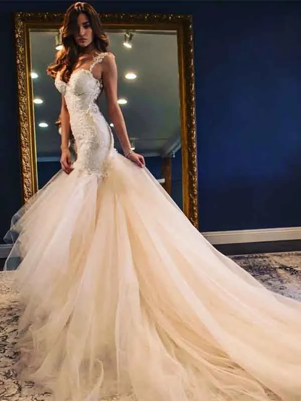 Elegant Fashion Offers Romantic Flair Sexy Elegant Mermaid Tulle Unique Custom Wedding Dresses, Party Prom Dress, WD0112