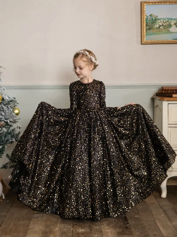 Playful Fashion Offers Floral Style Crew Neck Velvet Sequins Long Sleeves Flower Girl Dresses