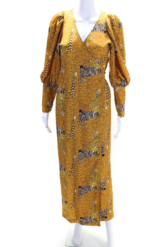 Limited-Time Offer Seasonal Trend Rhode Womens Yellow Animal Print V-Neck Long Sleeve Wrap Dress