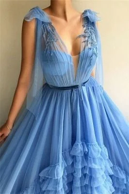 Unbeatable Prices Today Only Sexy Tulle Deep V Neck Blue Prom Dress | Chic Sleeveless Layers Long Prom Dress with Sash    cg18950